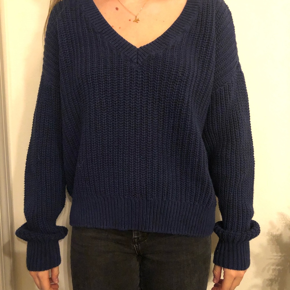 Navy blue knit sweater.